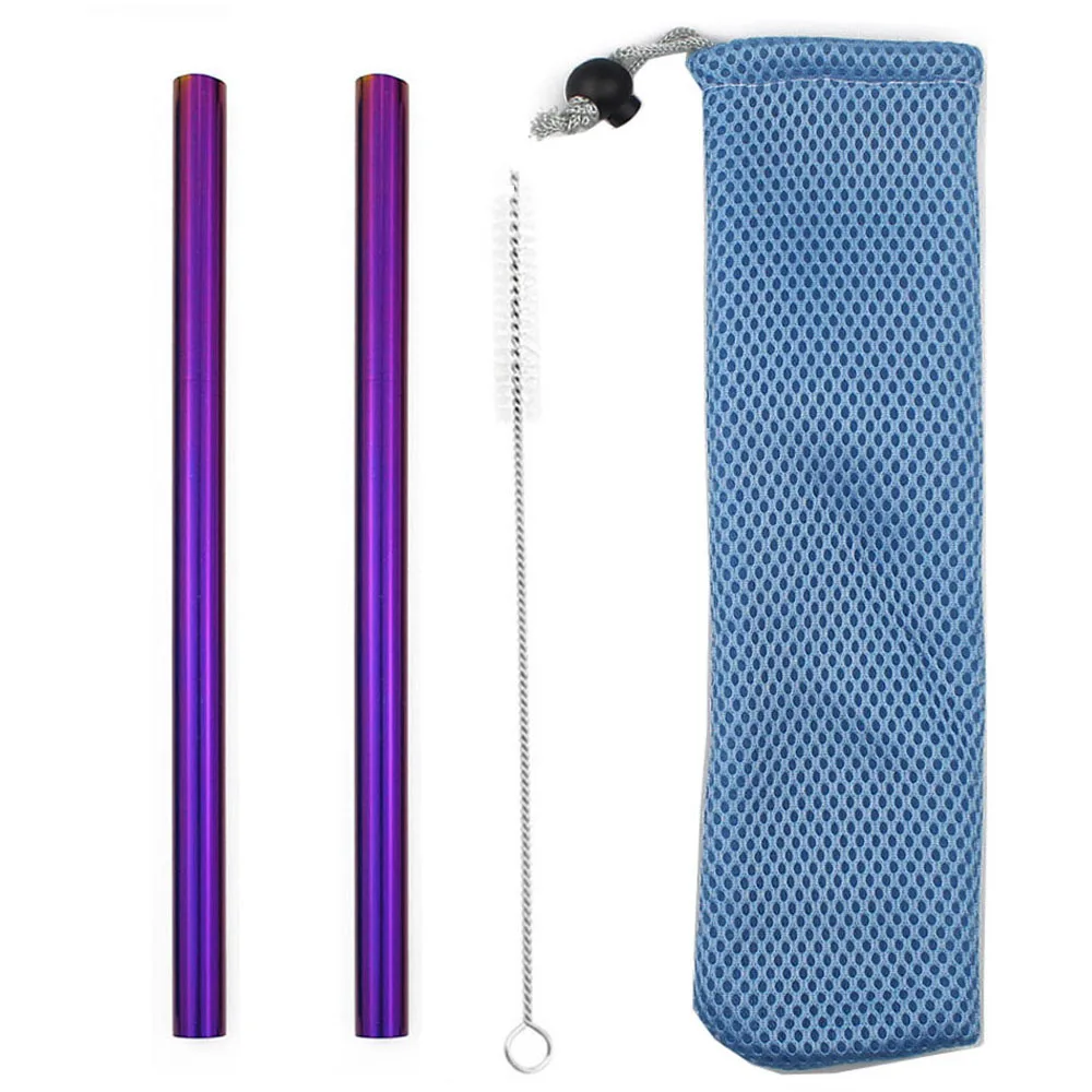 Purple Коктейльные соломинки из нержавеющей стали, телескопическая металлическая соломинка с кистью, Портативная сумка для хранения, многоразовые трубочки для улицы - Color: Purple