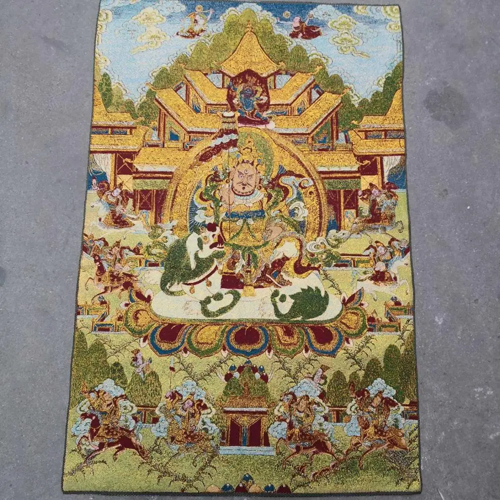 

35"Thangka Embroidery Tibetan Buddhism silk Embroidery brocade Nepal Vaisravana Treasure King Thangkas Worship Hall Town house