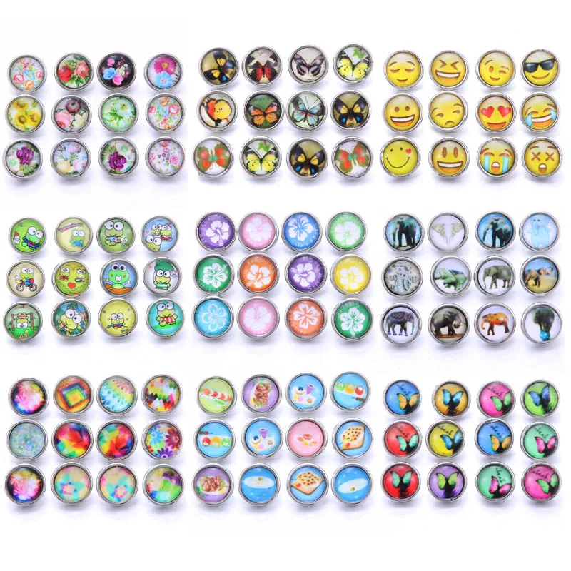 

10pcs/lot Mix Style Glass 12mm Snap Button Jewelry Fit Snap Bracelet Earrings Necklace 12mm Snap Buttons For Snap Button Jewelry
