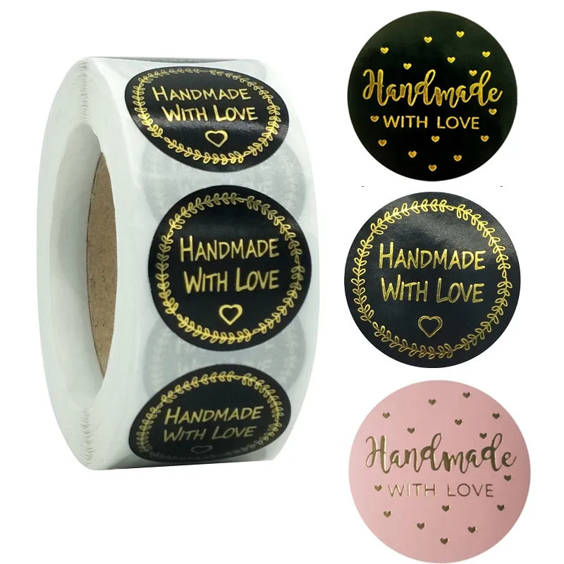 Exquisite Round Black Bronzing Handmade with Love Sticker Seal Lables 500pcs for Business Scrapbooking Envelopes Gift Decoration |