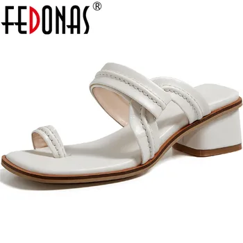 

FEDONAS Concise Genuine Leather Fashion Female Slippers Classic Design High Heels Sandals For Girls 2020 NewHouse Shoes Woman