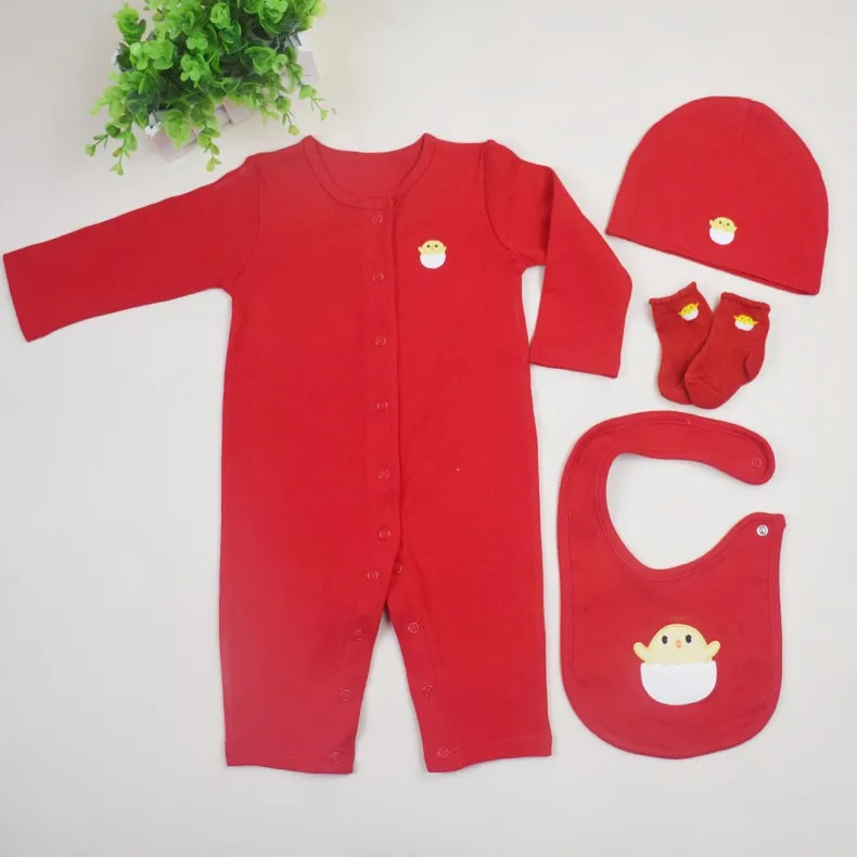 

Customizable High Quality Newborns Pure Cotton Set Romper Festive Chinese Red Four-piece Set One-piece Climbing Clothes