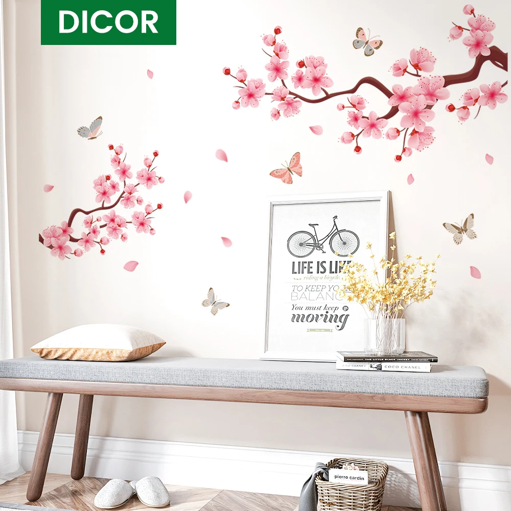 2020 New PVC Wall Stickers Pink Peach Blossom Chinese Style Decal For Home Interior Butterflies