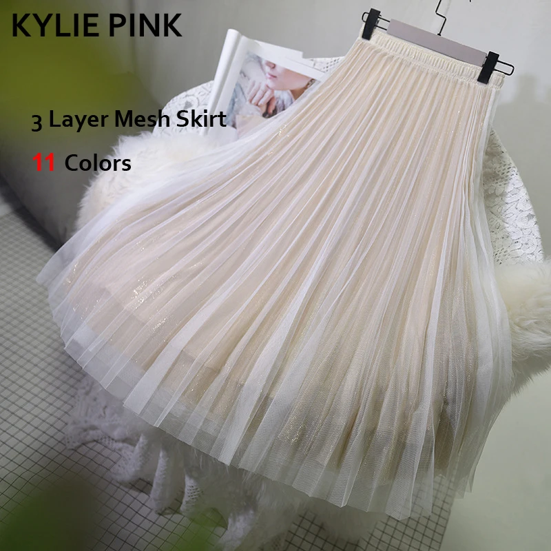 

Women Long Mesh Skirt Shinny Maxi Pleated Skirt A Line Midi Skirts Elastic Waist 2020 Vintage Femme Casual Party Festival Skirts