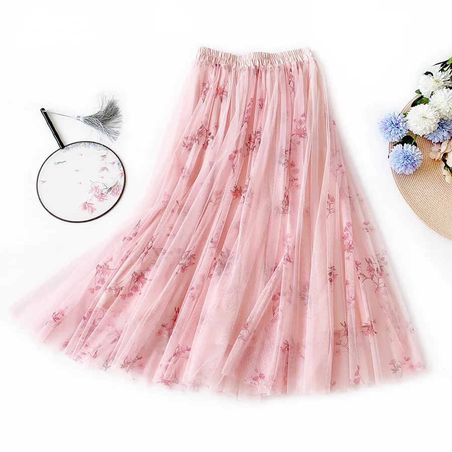 

Retro Chic Fashion Women Boho Holiday Beach Skirts Pink Floral A-Line Skirt High Waist Maxi Tulle Skirt for Women Faldas Saias