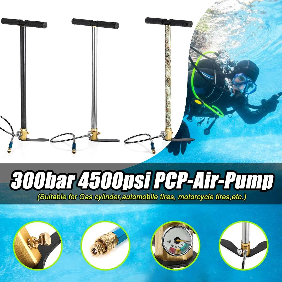 

30mpa 3 Hand Operated Air PCP Pump Stirrup Charging Gas Filter Gauge Hose High Pressure 4500psi Mini Air Guns