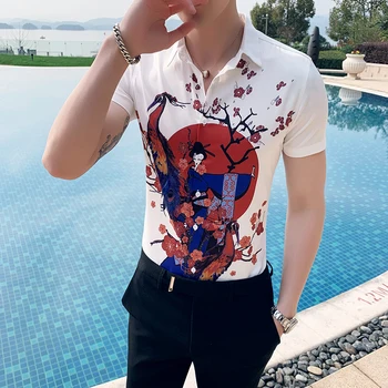 

2019 Geisha Print Social Shirt Men Summer Slim Fit Dress Shirts Japan Party Club Prom Shirt Casual Men Shirt Camisa Hombre
