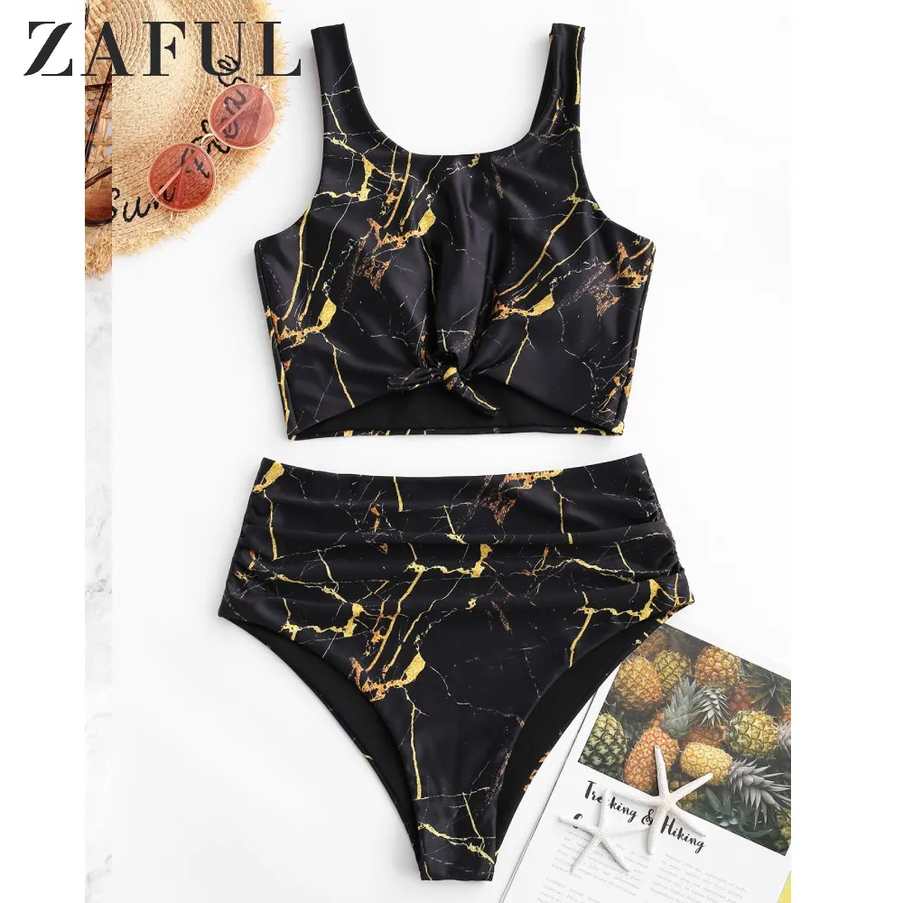 ZAFUL Knot Ruched Marble Print Tankini Swimsuit Scoop Neck Tank Top High Waisted Crop Basic Sets | Спорт и развлечения