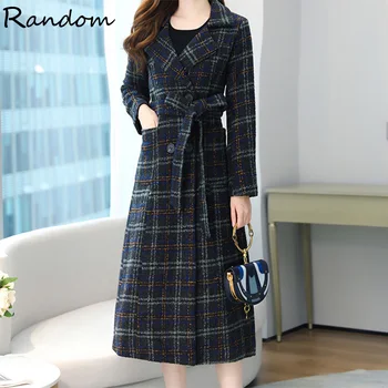 

2020 New Winter Turn-down Collar Full Sleeves Plaided Classic Wool Long double Breasted Plus Big Size Coat Female Tweed Jacket