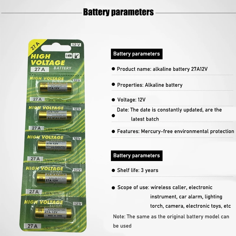 5Pcs 27A/MN27/GP27A/L828/A27 12V Battery Alkaline Single Use BatteriesSingle Use Batteries For Doorbell Remote