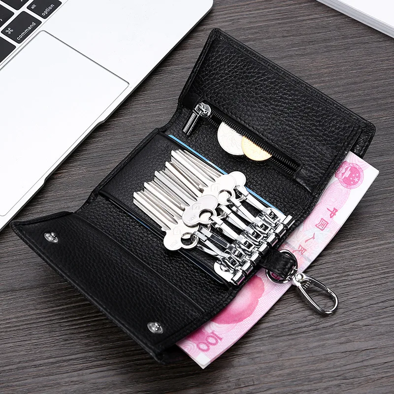 Leather Key Bag Men And Women Multi-functional Three-fold Wallet Full-grain Leather Keychain Bag Fashion Card Holder Purse