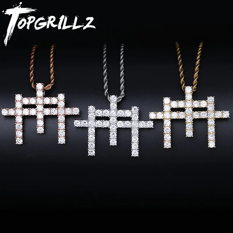 

TOPGRILLZ AAA Cubic Zircon Shining Solid Back Gunna Cross Pendant Necklace With Tennis Chain Hip Hop Jewelry For Man Gift