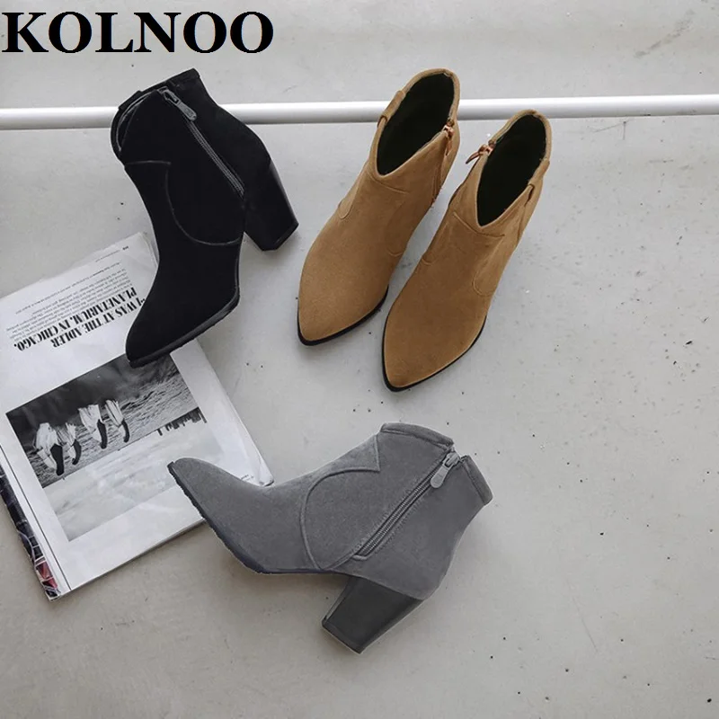 Kolnoo Handmade New Retro Style Womens Chunky Heels Boots Side-Zipper Vintages Dress Ankle Boots English Fashion Winter Shoes