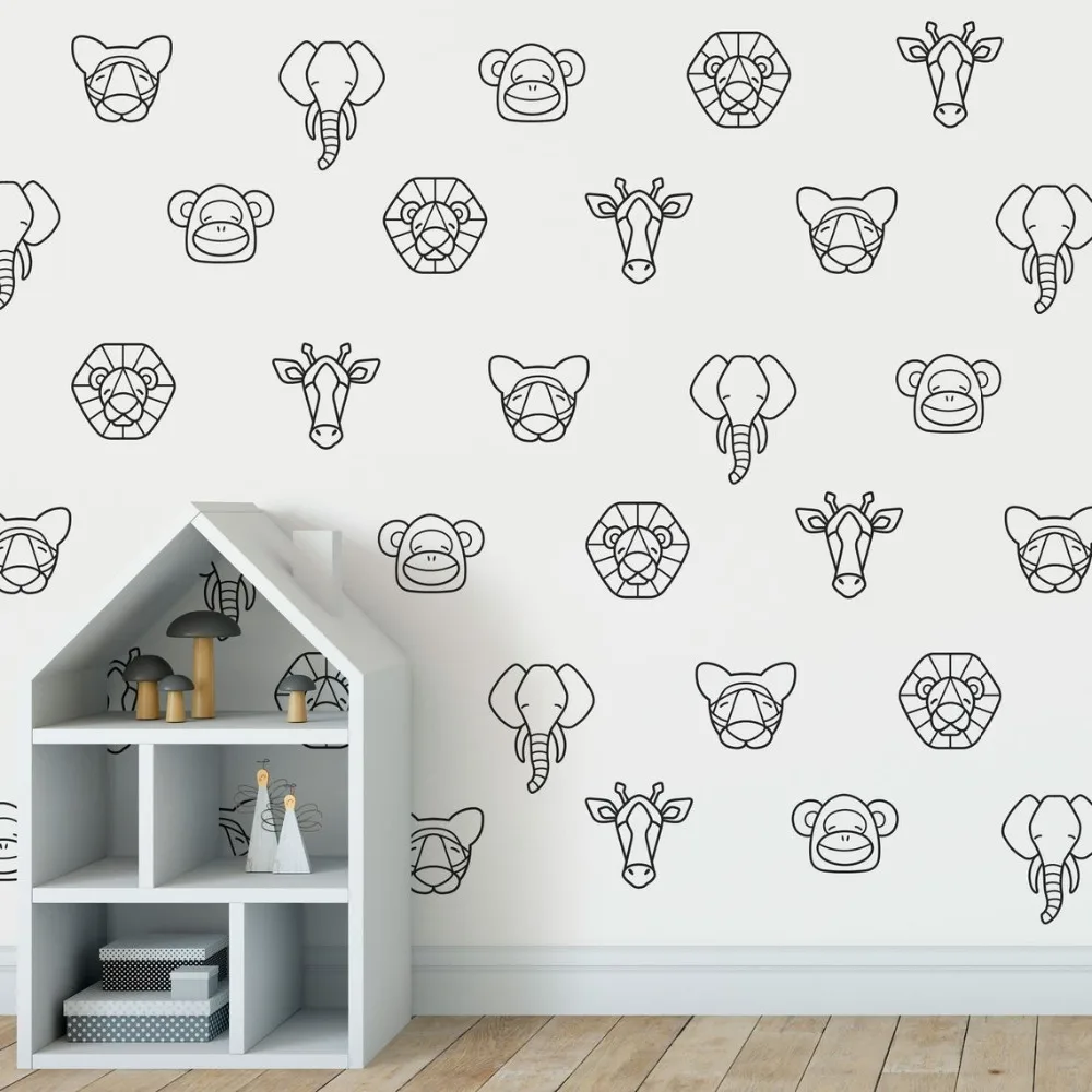 Geometric Lion Elephant Tiger Giraffe Monkey Animal Wall Sticker Kids Room Jungle Animal Woodland Wall Decals Bedroom Vinyl Dec (2)