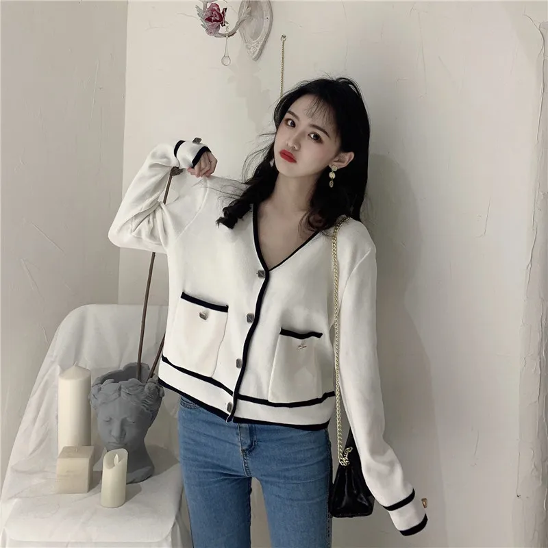 

Женский вязаный кардиган в стиле ретро, однотонный кардиган с v-образным вырезом, Лоскутная отделка, однобортный Кардиган с карманами, свитера, зима-весна 2021