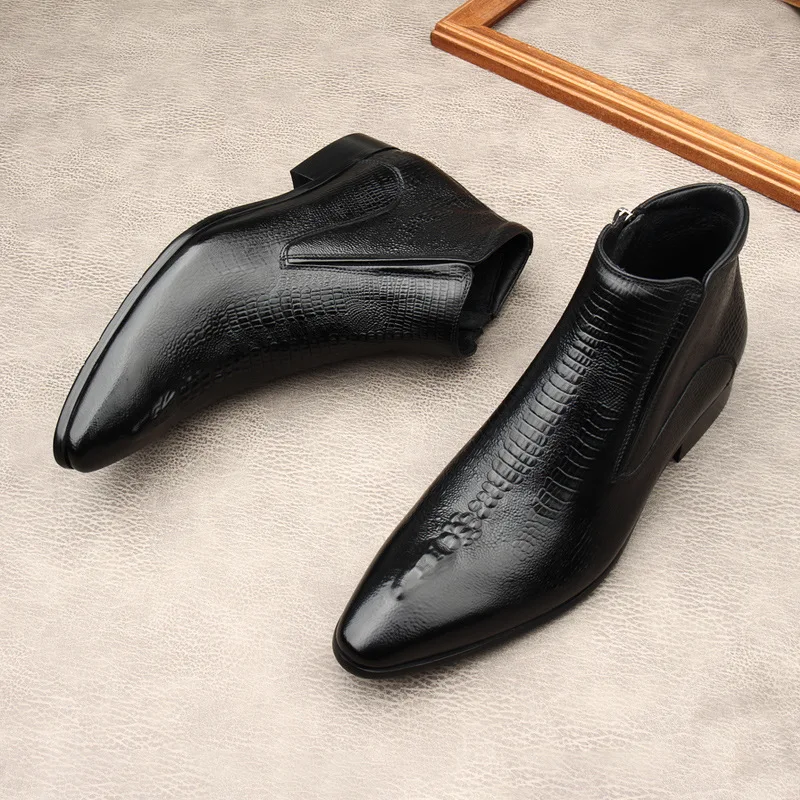 Handmade Brand Men Ankle Boots Luxury Genuine Leather Fashion Designer Black Basic Zipper Pointed Black Formal Mens Boots