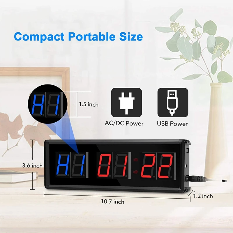 Gym Timer,LED Interval Timer Digital Countdown Wall Clock Fitness Timer,1.5Inch Digits Down/Up Clock Stopwatch for Home