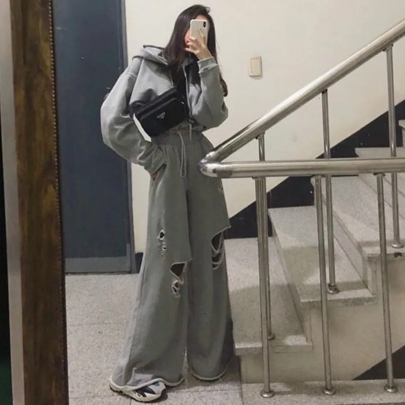 TVVOVVIN/Новинка года; сезон осень-зима; модный короткий свитер с капюшоном; повседневные широкие брюки; комплект из двух предметов; B144