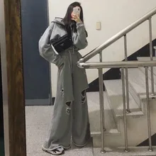 TVVOVVIN/Новинка года; сезон осень-зима; модный короткий свитер с капюшоном; повседневные широкие брюки; комплект из двух предметов; B144