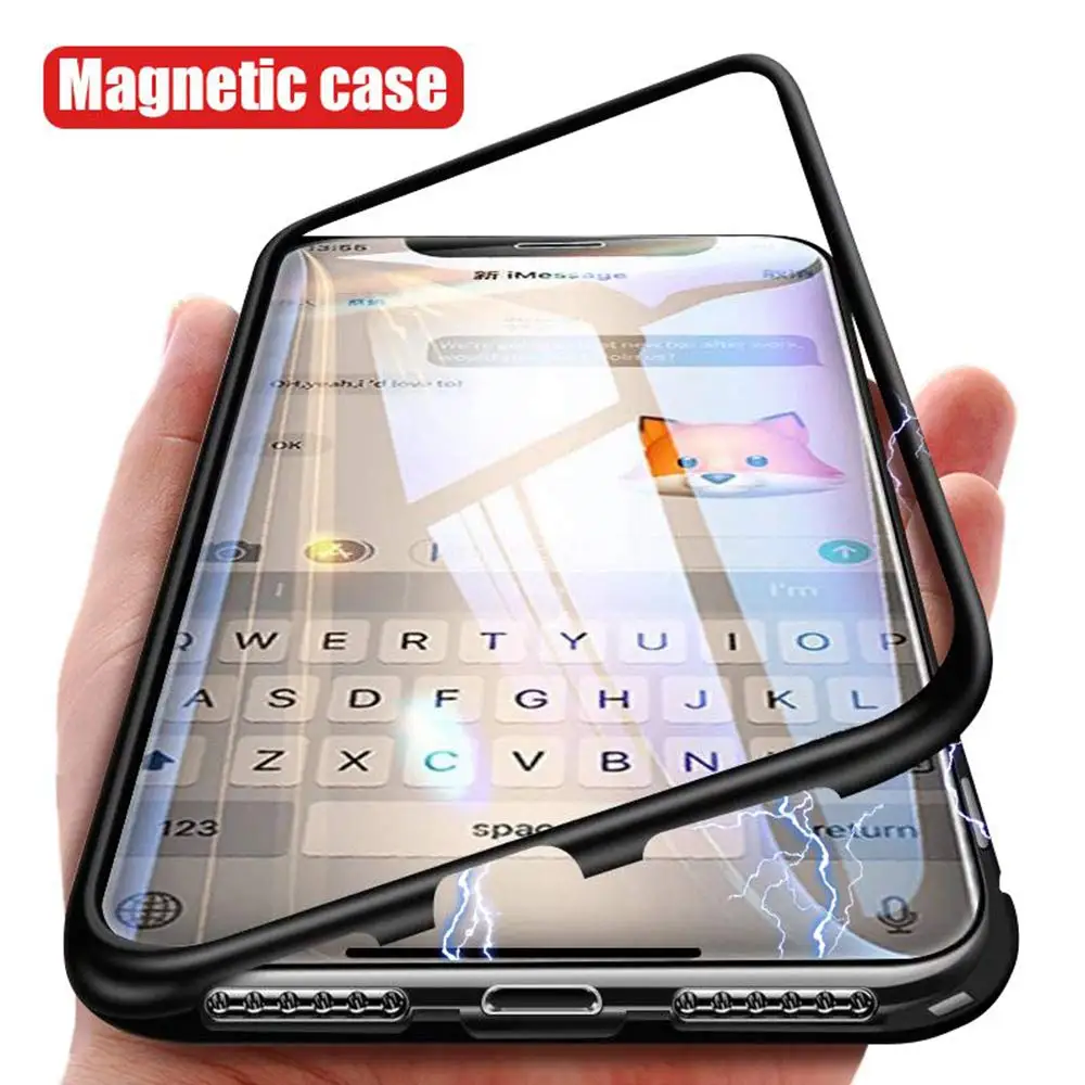 

Metal Magnetic Adsorption Case For iPhone 7 8 6 6S Plus Phone Case For X XR XS Max Clear Tempered Glass Back Protective Cover
