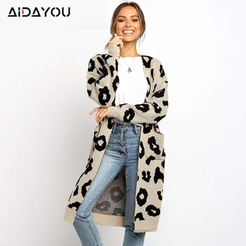 

Womens Leopard Print Knitted Cardigans Long Section Sweaters Casual Style Pocket Knitting Cardigan Outwear Coats ouc303