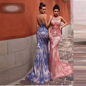 

New Arrival Pink Sleeveless Mesh Long Mermaid Backless Sexy Sequin Dress 2019 Elegant Celebrity Party Vestidos Evening Wholesale