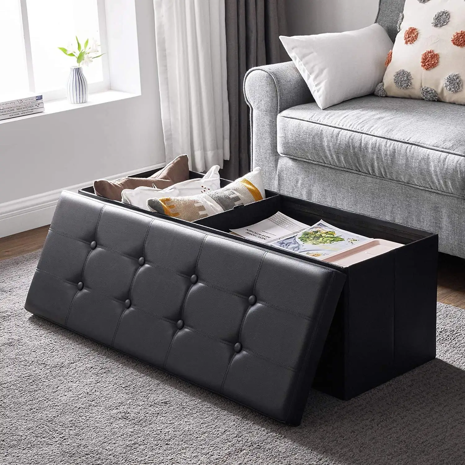 KINGSO Storage Benches Foldable Stool with Storage Space Home Sofa Ottoman Seat Bench Chest Storage Box Living Room Furniture