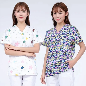 

Medical Uniforms for Women Nurse Scrubs Tops Print 100%Cotton Short Sleeve Pharmacist Nursing Home Work wear Surgical Clothes