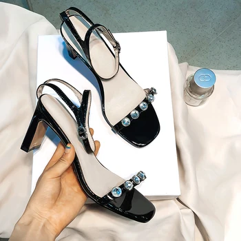 

YANSHENGXIN Big Rhinestone Women's Summer Shoes Fashion High Heels Sandals Female Footwear Woman One Word Buckle Shoes Size 43