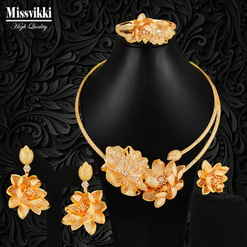 

missvikki Dubai Noble Luxury Big Fine Flower 4PCS Earrings Necklace Jewelry Set for Women Romantic Bridal Wedding Jewelry