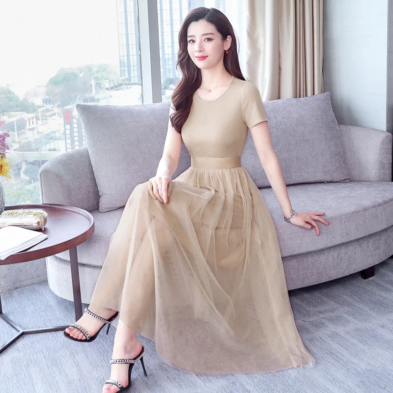 

Photo Shoot 2019 Spring WOMEN'S Dress New Style Mid-length Repair Waist Slimming Crew Neck Knitted Joint Gauze Long Skirts