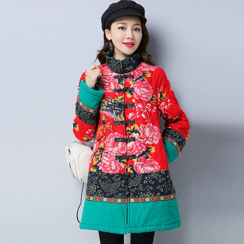 

2017 Winter Ethnic-Style WOMEN'S Dress Chinese Style Retro Cotton Linen Joint Mid-length plus Thick Cotton-padded Jacket Clothin