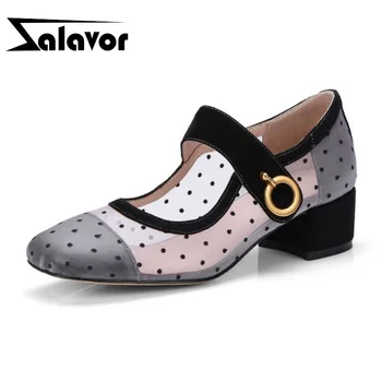 

ZALAVOR High Quality Women Pumps Real Leather Buckle Square Toe Polka Dot Casual Party High Heel Shoes Woman Pumps Size 34-39