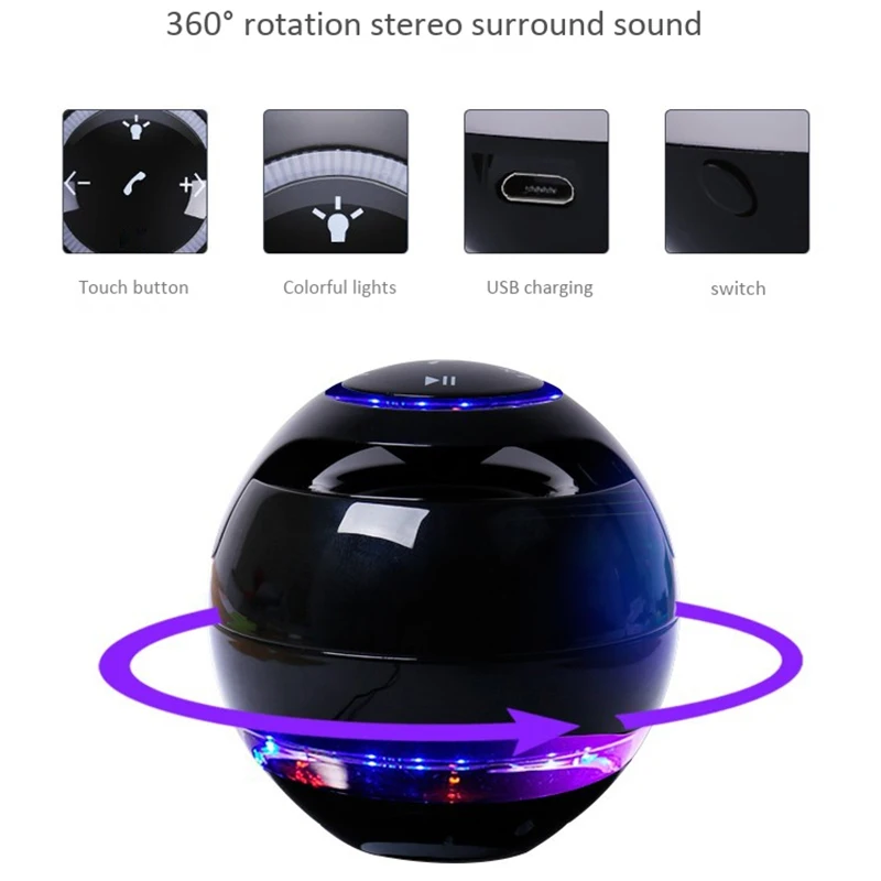 ABHU- Магнитный левитационный 3D bluetooth-динамик вращающийся с красочной светодиодный поддержкой для IOS Android телефон Hands-Free Звонки Blac
