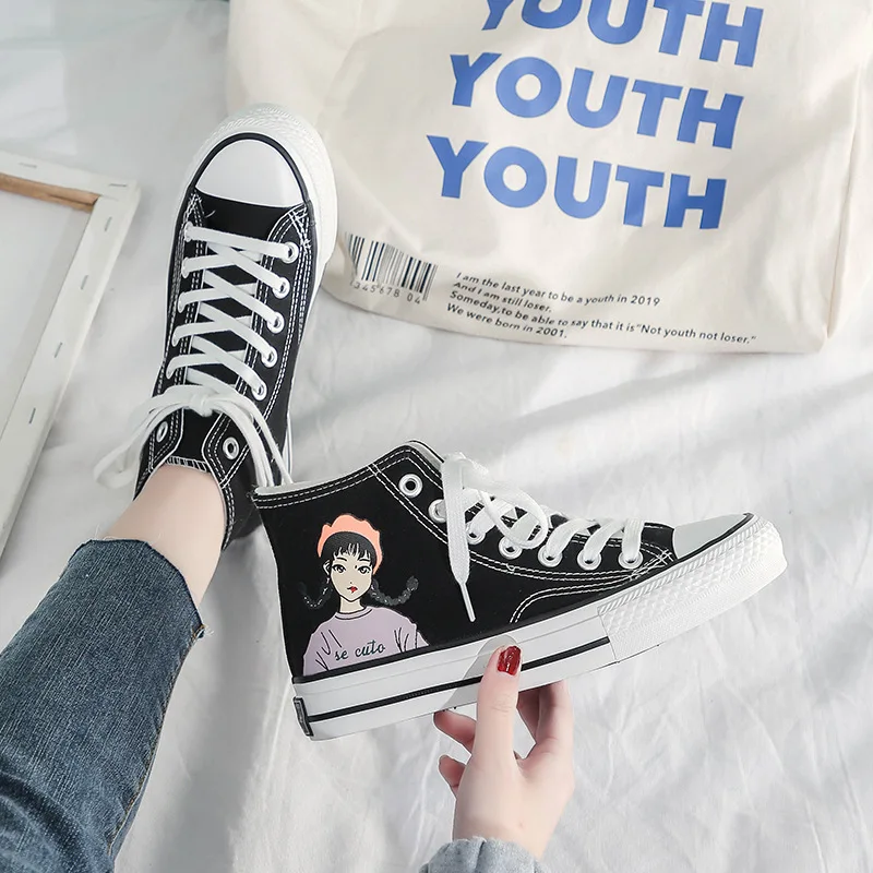 

2020 Lightning Spring New Style Hight-top Korean-style Hand-painted Canvas Shoes Women's Fashion INS Students Cartoon Graffiti S