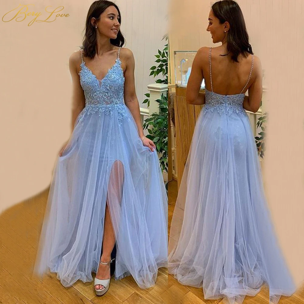 

Long Tulle Textured Prom Dress 2020 Spaghetti Staps Lace Appliques High Slit Lovely Party Dress Girl Elegant Dress Aline Vestido