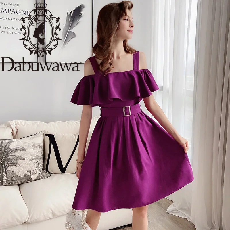 

Dabuwawa Sexy Purple Top Skirt Set Women Ruffle Off Shoulder Sleeveless Belt Elegant Solid Two Pieces Sets Female D18BSA028