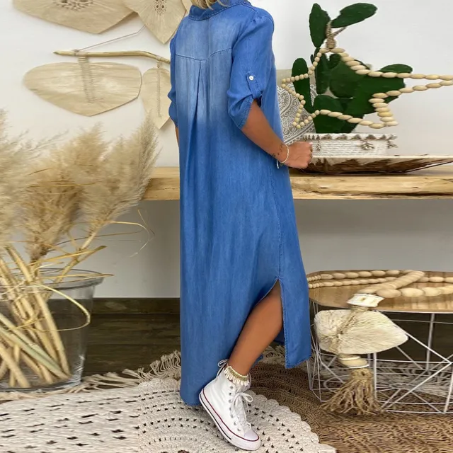 Summer Denim Dress For Women 2021 Casual Spring Blue V-Neck Half Sleeve Maxi Dresses Plus Size Split Long Dresses Vestidos 3XL 3