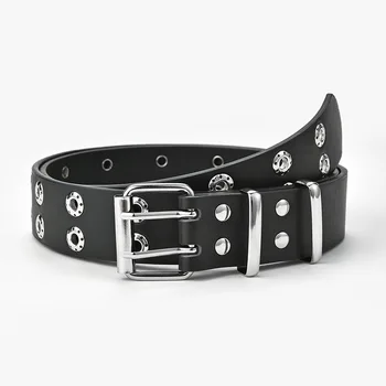 

2020 New Punk Women's Wide Black White Brown Double Grommet Belt Ceinture Femme Pin Buckle Belt for Women Jeans Cinturon Mujer