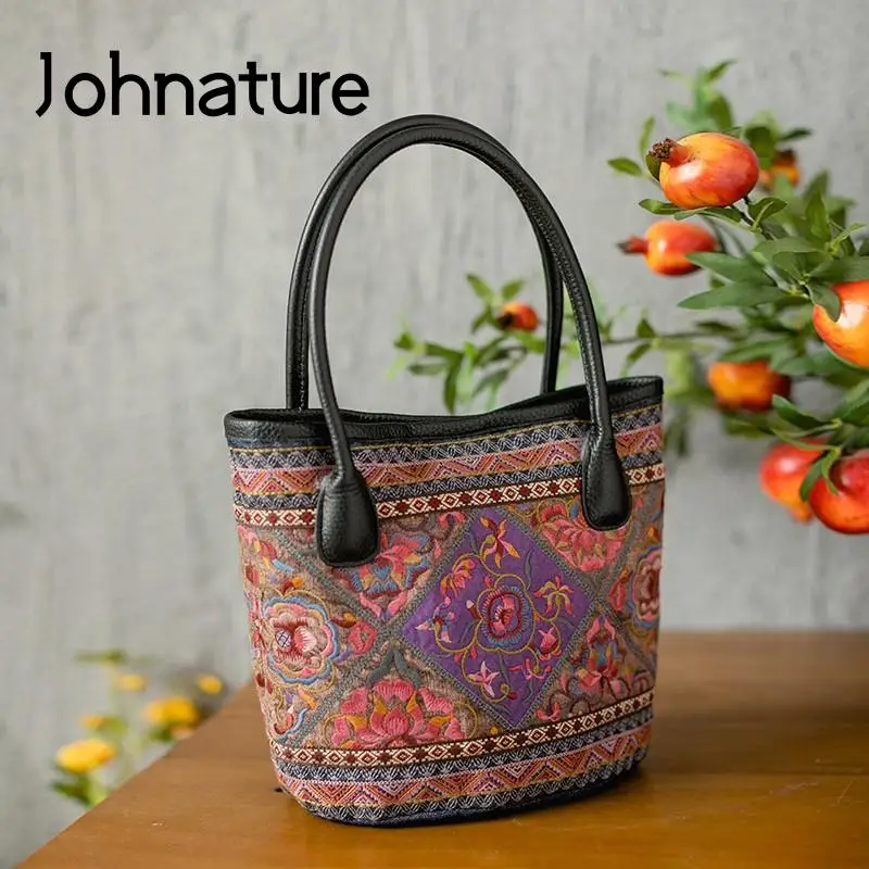 

Женская сумочка в стиле ретро Johnature, роскошная сумка-мешок из денима и льна с изысканной вышивкой и цветами, оригинальный дизайн, 2024