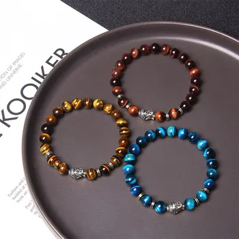 

8 mm Royal Blue Tiger Eye Bracelets Men Silver Color Buddha Head Charm Bracelet Women Amulet Vinatge Yellow Stone Beads Pulsera