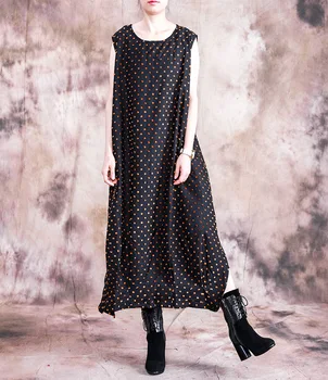 

Women Literary Plus Size Print Dresses New Vintage Fashion Loose Summer Patchwork Long Sleeveless Polka Dot Dresses