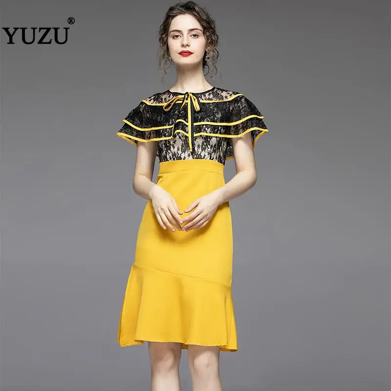 

Vintage Mermaid Office Dress Summer 2020 Yellow Cloak Sleeves Ruffles Bow Lacing Up Patchwork Sexy Lace Knee-length Dresses