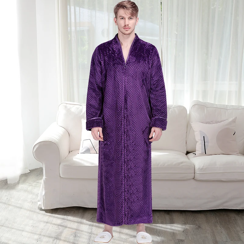 Женский зимний удлиненный теплый банный халат размера плюс, роскошный фланелевый пеньюар на молнии для беременных, мужской халат из кораллового флиса - Color: Purple men