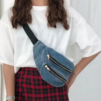 

Denim Zipper Women Belt Waist Packs Chest Crossbody Handbags Casual Shoulder Messenger Fanny Purse