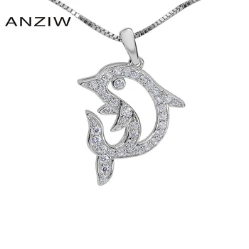 

ANZIW 925 Sterling Silver Round Cut CZ Cute Animal Dolphin Shaped Argent sterling Necklace Pendant Wedding Engagement Jewelry