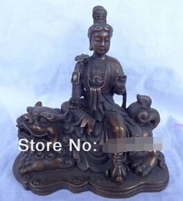

free shipping China Pure Bronze RuYi WenShu PuXian Kwan-Yin GuanYin Buddha Ride Lion Statue