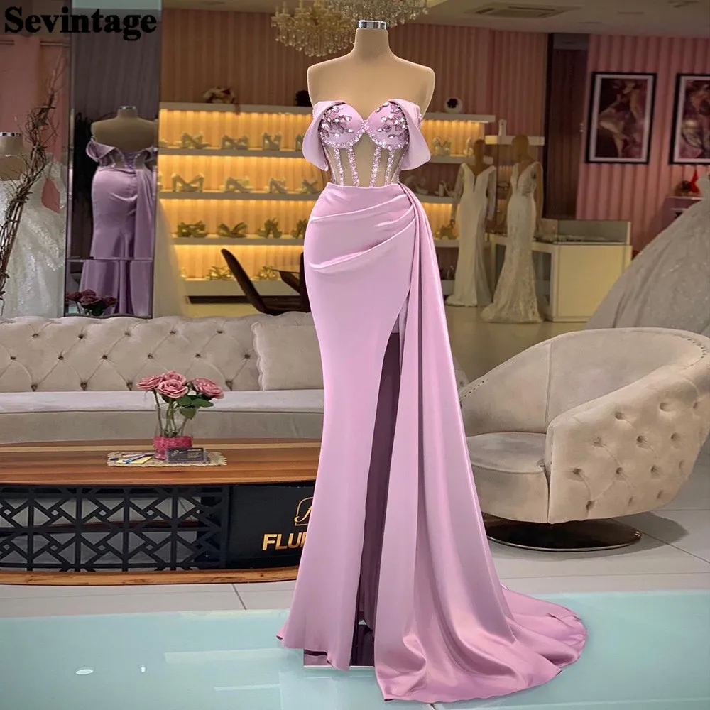 

Sevintage Sequin Beaded Mermaid Prom Dresses Soft Satin Off The Shoulder Formal Evening Dress Slit Dubai Women Prom Party Gowns