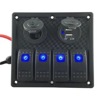

Auto Boot Rocker Switch Panel 4 Gang Schakelaars LED Dual Auto USB Lader Kleurrijke 12 v Voltmeter voor Auto boot Switch Panel