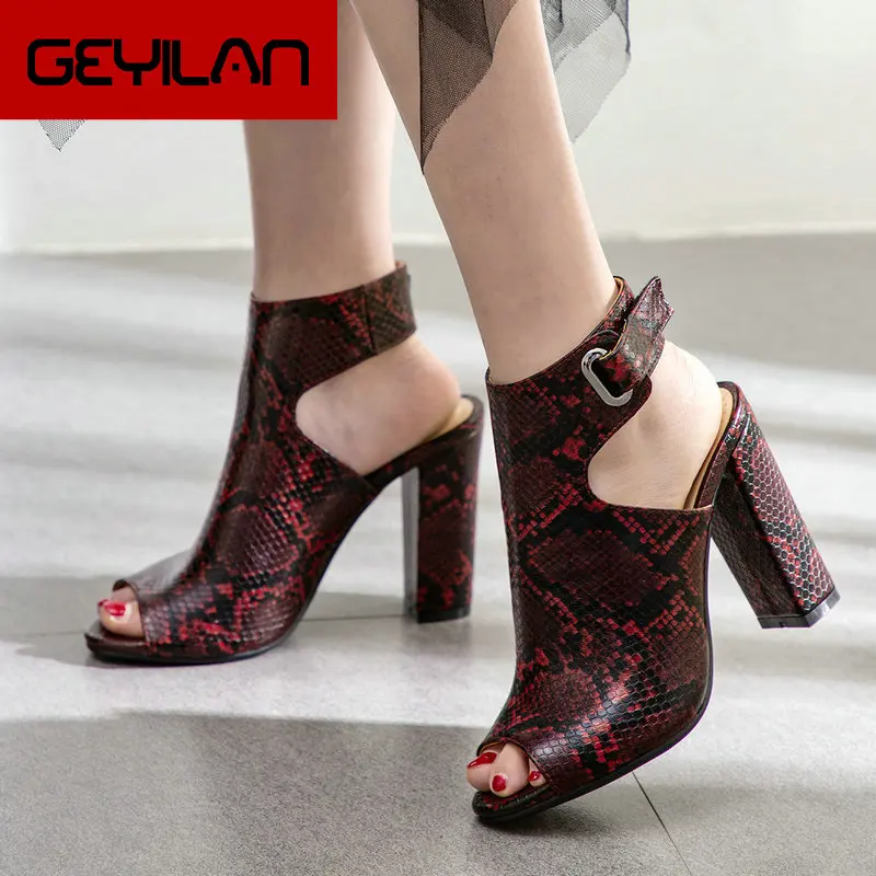 

Women Summer Ankle Boots Snake Skin Pattern Sandals High Heels Open Toe Chunky High Heels Gladiator Sandals Fashion Party Shoes